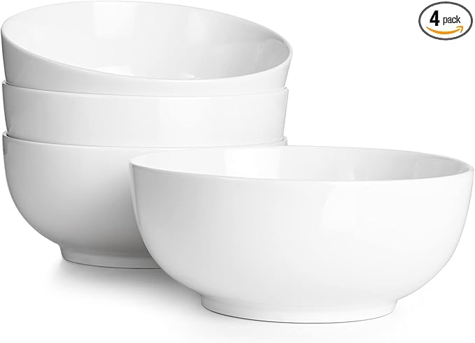 DOWAN 39 OZ Soup Bowls Set of 4 - Large Cereal Bowls, White Ceramic Big and Deep Ramen Bowls for Noodle, Pasta, Salad, Mixed Fruit - Dishwasher & Microwave Safe