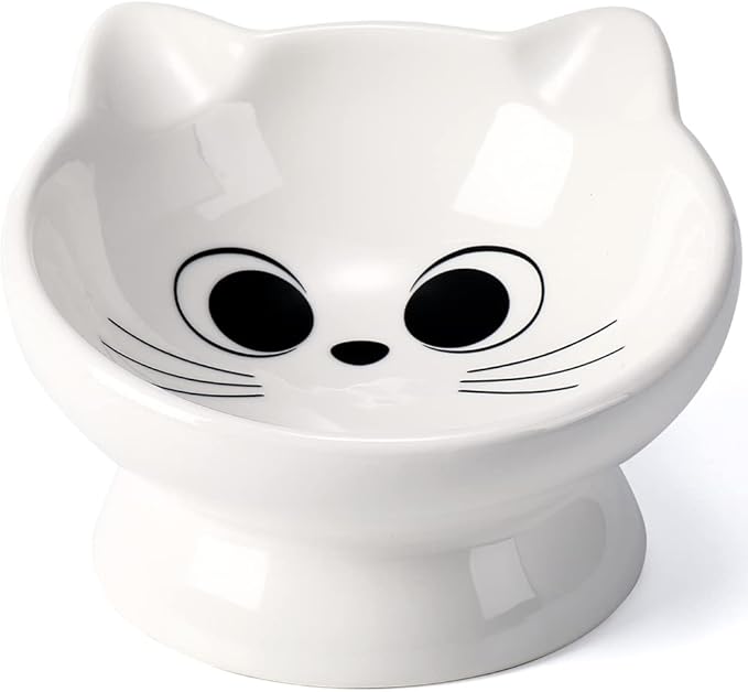 Raised Cat Food Bowl Ceramic 15° Tilted Cat Food Bowls Protect Cat's Spine Anti Vomiting Backflow Prevention for Adult, Kitten, and Small Dogs, White