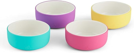 Elk and Friends Kids Porcelain Bowls with Silicone Sleeves | Suitable for Babies/Toddlers | Microwave & Dishwasher Safe | Non Slip Dinnerware | Snack Dishes | 4 Pack