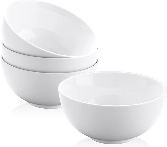 22 oz White Porcelain Bowls Set of 4 – Cereal, Soup, Rice, Oatmeal & Salad Bowls – Microwave & Dishwasher Safe, Stackable for Kitchen Use