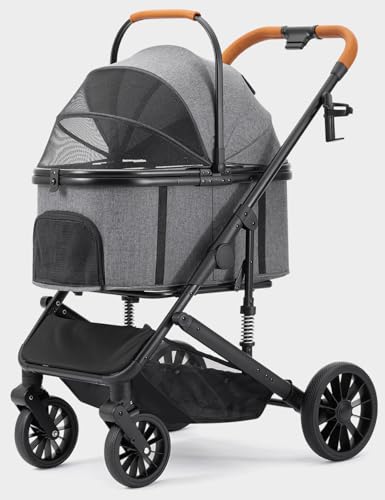 Dog Stroller for Small Medium Dogs Up to 60lbs, 4 Wheels Folding Pet Stroller with Detachable Carrier, Pet Travel Carrier for 2 Dogs & Cats, Storage Basket, Breathable, Grey