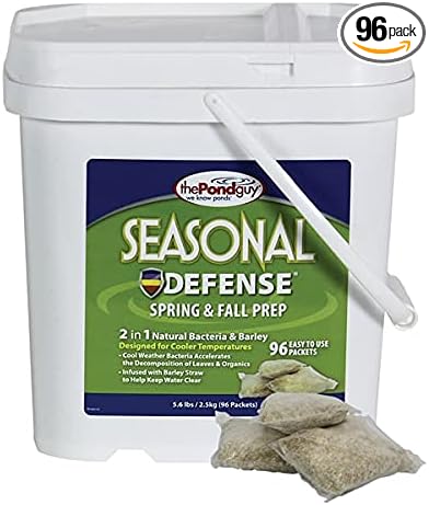 The Pond Guy Seasonal Defense, Spring & Fall Beneficial Bacteria, Barley & Enzymes, Cold Water Pond Sludge & Scum Treatment, Fish & Plant Safe, 96 Packets