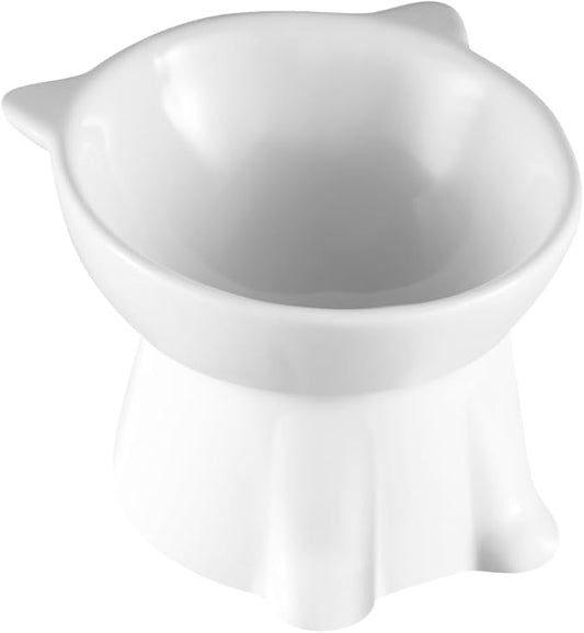 Ceramic Elevated Cat Bowls-Water Bowl, 15° Tilted Design, Anti-Vomiting & Spine Protection, Prevent Whisker Fatigue for Kittens to Adult Cats and Small Dogs (White-Cat Shape-1)