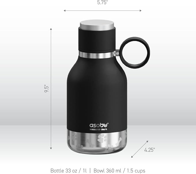 Asobu Dog Bowl Attached to Stainless Steel Insulated Travel Bottle for Human 33 Ounce (Black)