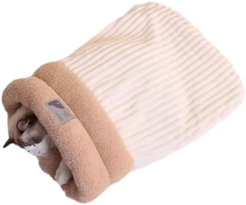 Cat Winter Sleeping Bag Soft Warm Cozy Pet Bed Sack for Indoor Cats or Small Dogs Durable Washable Sleeping Pad (Beige, Large)