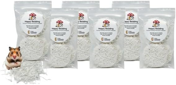 Happy Bedding – Hamster Bedding for Small Pets – Compressed Hamster Paper Bedding for Small Animals – Ideal for Hamster Cage or Habitats (6 Pellets in a 4"x6" Bag)