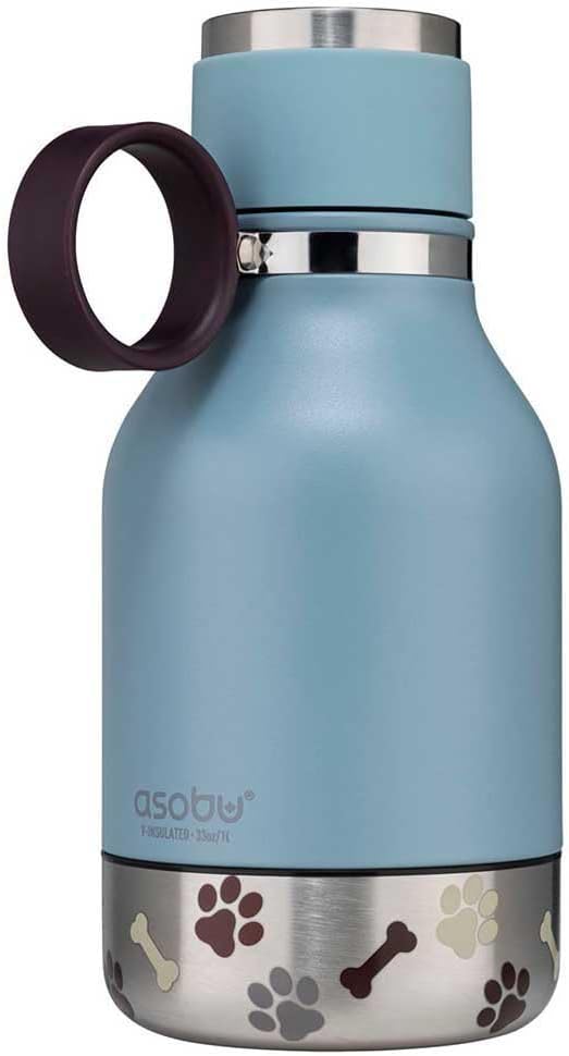 Asobu Buddy Bottle a Stainless Steel Insulated Water Bottle for with Removable Dog Water Bowl and Dog Food and Treat Storage Bowl (Blue, 37 Oz Water Bottle with Bowl)