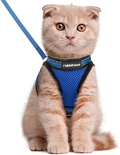 rabbitgoo Cat Harness and Leash Set for Walking Escape Proof, Adjustable Soft Kittens Vest with Reflective Strip for Cats, Comfortable Outdoor Vest,Blue,L
