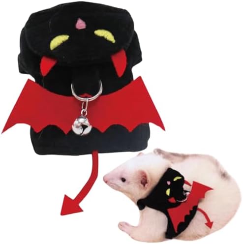 Ferret Harness and Leash, Adjustable Walking Vest for Guinea Pig, Kitten, Puppy, Bunny and Other Small Animals, Soft and Breathable Ferret Lead Leash with Evil Wings and Safe Bell (Black)