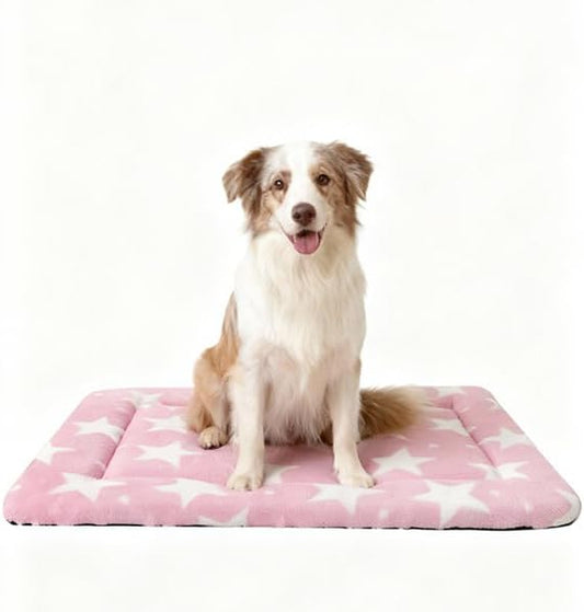 Dog Bed Mat, Reversible Crate Pad & Durable Dog Bed - Machine Washable Kennel Mat with Ultra Soft for Large Dogs (Big&Small Stars Pink, 35" L*23" W*1.5" Th)