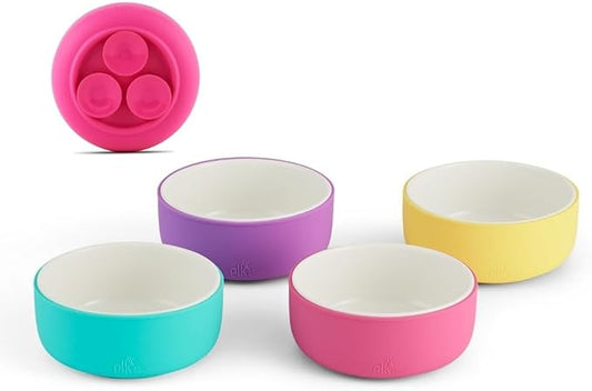 Elk and Friends Kids Porcelain Bowls with Silicone Suction Sleeves | Suitable for Babies/Toddlers | Microwave & Dishwasher Safe | Stay Put Dinnerware | Snack Dishes | 4 Pack