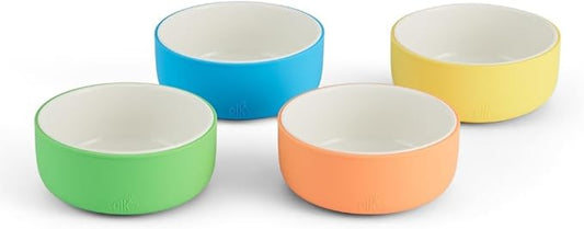 Elk and Friends Kids Porcelain Bowls with Silicone Sleeves | Suitable for Babies/Toddlers | Microwave & Dishwasher Safe | Non Slip Dinnerware | Snack Dishes | 4 Pack