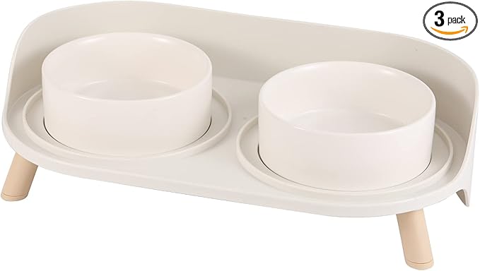 Raised Cat Food and Water Bowl Set - Elevated Ceramic Dishes with Non-Slip Stand and Splash Guard for Small Dogs - 2 x 320 ML (4.9 OZ) - White