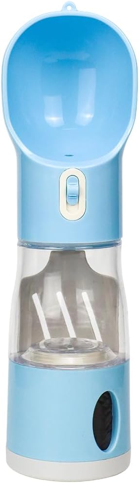Baby Blue 4-in-1 Portable Dog Water Dispenser+Food Storage+Built-in Poop Bag Holder+Scoop | 258ml Water & 220ml Food Capacity | Leakproof | Food-Grade ABS Material.