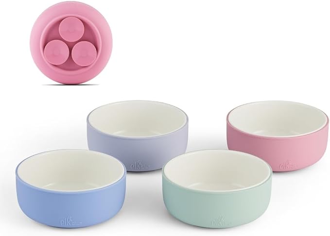 Elk and Friends Kids Porcelain Bowls with Silicone Suction Sleeves | Suitable for Babies/Toddlers | Microwave & Dishwasher Safe | Stay Put Dinnerware | Snack Dishes | 4 Pack