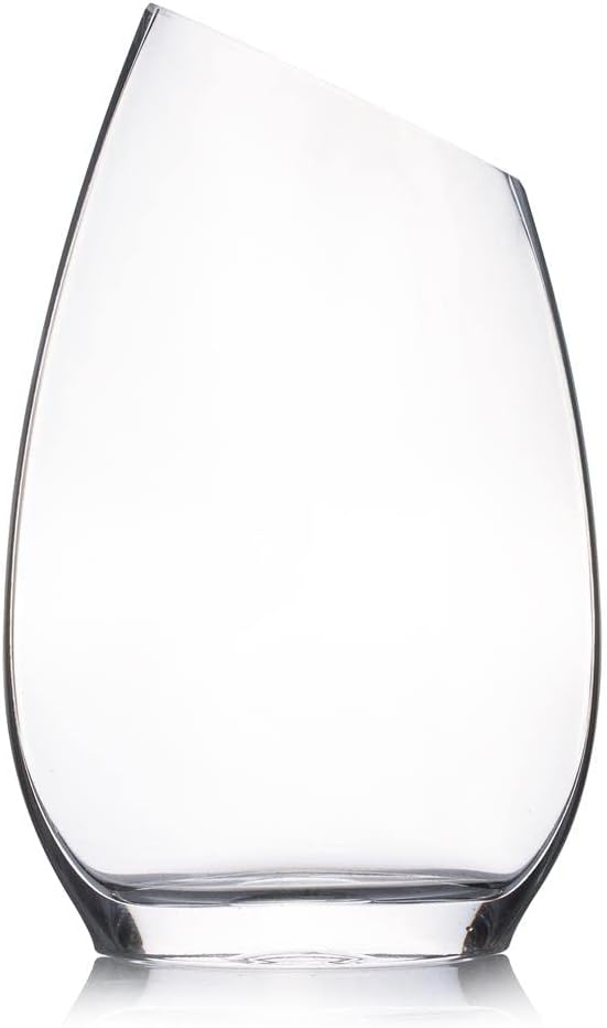Unique Angled Rim Clear Glass Vase 6.0" W 10.0" H, Decorative Flower Vase for Home Decor Indoor, Wedding Centerpiece Event (1 Piece)