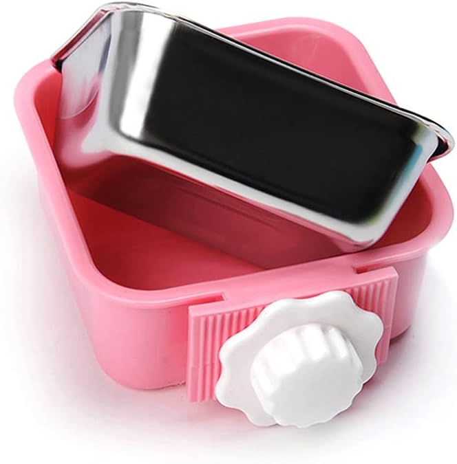 Crate Dog Bowl,Removable Stainless Steel Water Food Feeder Bowls Crate Coop Cup,Pet Cage Bowls with Bolt Holder for Cat, Puppy, Birds, Rats, Rabbits Small Animals ((Blue+Pink) Square, Samll)