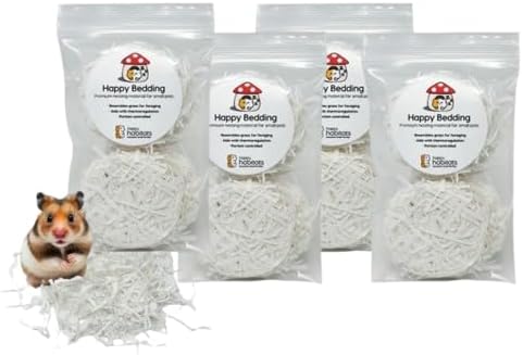 Happy Bedding – Hamster Bedding for Small Pets – Compressed Hamster Paper Bedding for Small Animals – Ideal for Hamster Cage or Habitats (4 Pack of 6 Pellets in a 4"x6" Bag)