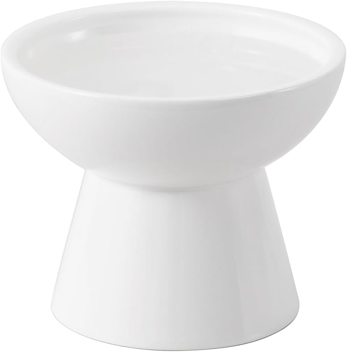 CEEFU Extra Wide Elevated Ceramic Cat Water Bowl - 6.2" Deeper Dish for Whisker Fatigue Relief, 5" Height for Easy Feeding, Lead & Cadmium Free, Durable Raised Cat Bowls, White