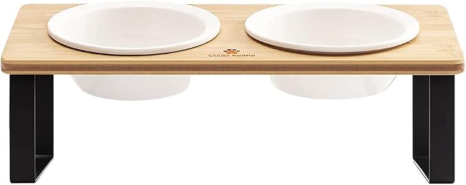 Sunhoo Ceramic Elevated Cat Bowls Raised Puppy Dishes for Food and Water Tilted Wooden Stand for Indoor Cats 5.5 inch Wide Double Dish Orthopedic Reduces Vomiting (Wood Color)