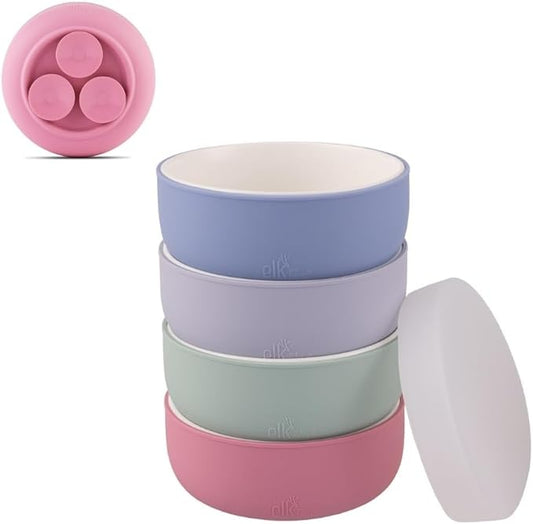 Elk and Friends Kids Porcelain Bowls with Silicone Suction Sleeves | Lids Included | Suitable for Babies/Toddlers | Microwave & Dishwasher Safe | Stay Put Dinnerware | Snack Dishes | 4 Pack