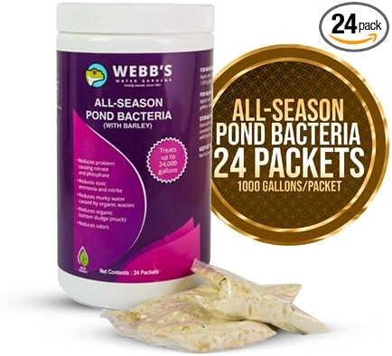 All-Season Beneficial Pond Bacteria with Barley Packets - Bacteria for Ponds Ideal for Clearing Any Fish and Duck Pond Applications - 24 Packet Container- Webb's Water Gardens