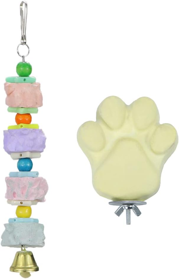 Litewoo Bird Beak Trim Colorful Calcium Stone Parrot Pet Chew Long String Cage Toy with Bell, Chinchilla Grinding Teeth Claw Shape Lava Block for Conure, Budgies, Parakeet, Hamster, Rabbit 2-Pcs