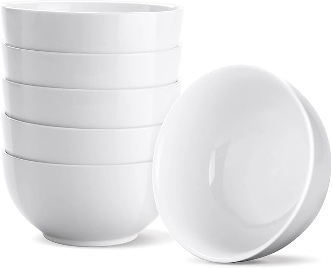 White Ceramic Cereal Bowls, 17 Ounce Porcelain Bowl for Kitchen Cereal Soup Rice Salad Pasta Dessert Snack Fruits Ice Cream, Set of 6, Microwave Dishwasher Freezer Oven Safe Easy Clean Stackable
