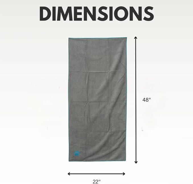 Country Living Large Gray and Teal Microfiber Dog Bath Towel - Quick-Drying, Absorbent, Durable, and Machine Washable, Embroidered Paw Print, 48" x 22" for All Dog Sizes