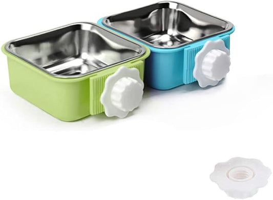 Crate Dog Bowl,Removable Stainless Steel Water Food Feeder Bowls Crate Coop Cup,Pet Cage Bowls with Bolt Holder for Cat, Puppy, Birds, Rats, Rabbits Small Animals ((Blue+Green) Square, Samll)