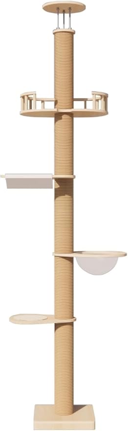 Floor to Ceiling Cat Trees for Kittens＆Large Cats with Natural Rope, Tall Cat Tree to Ceiling,Adjustable Height 82-112 Inches, DIY Wooden Tower Condo, Tall Cat Activity Tree(Deluxe Style 2)