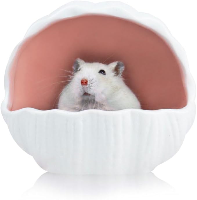 WishLotus Ceramic Hamster Hideout, Adorable Sea Shell Shaped Hamster House, Large-Opening Small Animal Hideout, Small Animal Hideout Habitat Decor for Dwarf Hamsters Gerbils (Pink)