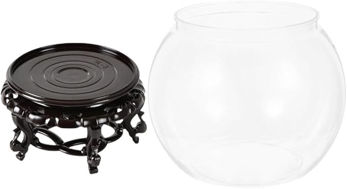 Ipetboom Glass Fish Bowl Fish Tank Stand Bubble Fish Bowl with Wood Stand Set Small Goldfish Tank Clear Hydroponic Plant Terrarium Desktop Fish Tank with Display Base