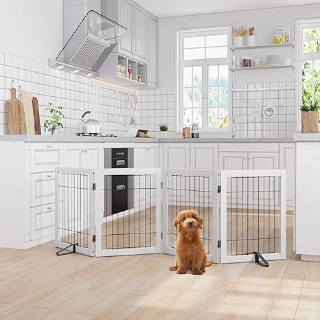 Semiocthome Freestanding Dog Gate Indoor, Dog Gates for Doorways and Stairs, 24" H- 4 Panels Puppy Gate with 2 Metals Stands Adjustable Safety Fence Wire Pet Gate - White