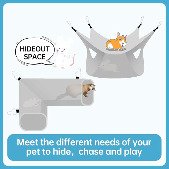 Guinea Pig Rat Ferret Hammock & Corner Tunnel for Small Animals - Hedgehog, Piggy, Chinchilla Hideout and Cage Accessories (Owl Design)