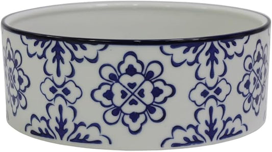 Vintage Blue & White Ceramic Large Dog Bowl - 8'' Dog Food Water Bowl for Medium and Large Dogs Breed, Heavy Duty Non-Slip Dish, Modern Pet Feeder Bowl, Dishwasher Safe-57 fl OZ