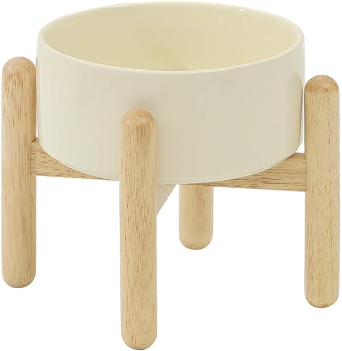 Havniva Ceramic 6.1inch Raised Dog Bowl with Stand for Small and Medium Dog Dish Pet Food and Water Bowl (Single Bowl with Stand - Light Yellow)