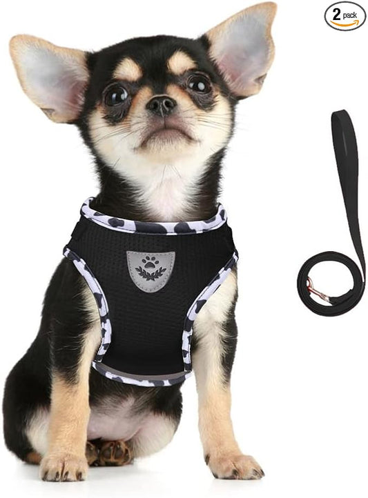 FEimaX Dog Harness and Leash Set for Walking, Soft Mesh Adjustable Easy Control Lightweight Cat Vest Harnesses with Reflective Strips, Escape Proof Small Dogs Cats Vests (Cowblack, Small)
