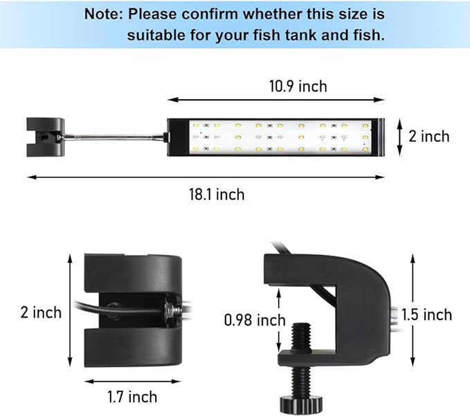 DaToo Aquarium Light Small LED Clip Light for Fish Tank 10W, 1 Yr Warranty