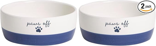 Pearhead Ceramic Paws Off Cat Bowl, Holds 1.3 Cups, Navy Blue and White Stoneware Dish, Non-Skid Feeding Bowl, Microwave and Dishwasher Safe, Small (Pack of 2)