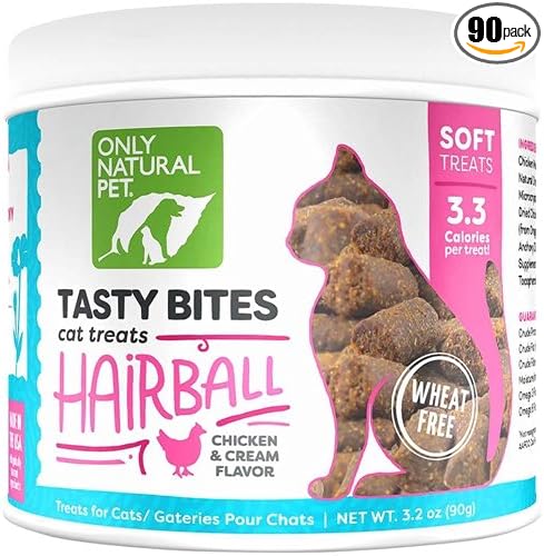 Only Natural Pet Hairball Care - Healthy Skin and Coat Support - Soft Chews for Cats – Digestive Supplement with Flaxseed, Psyllium Husk and Corn Silk – Chicken and Liver Flavor – 60 Count