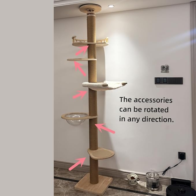 Floor to Ceiling Cat Trees for Kittens＆Large Cats with Natural Rope, Tall Cat Tree to Ceiling,Adjustable Height 82-112 Inches, DIY Wooden Tower Condo, Tall Cat Activity Tree(Deluxe Style 2)