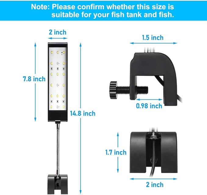 DaToo Aquarium Light Small LED Clip Light for Fish Tank 7W with Timer&Dimmer, 1 Yr Warranty