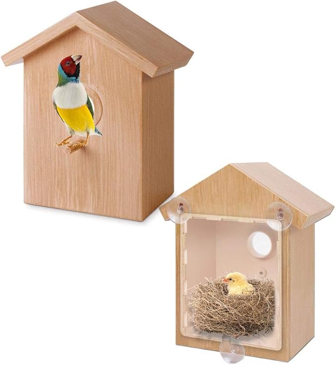 Outdoor Wooden DIY Bird Nest Cage Bird Feeder with Suction Cup Window Decorations