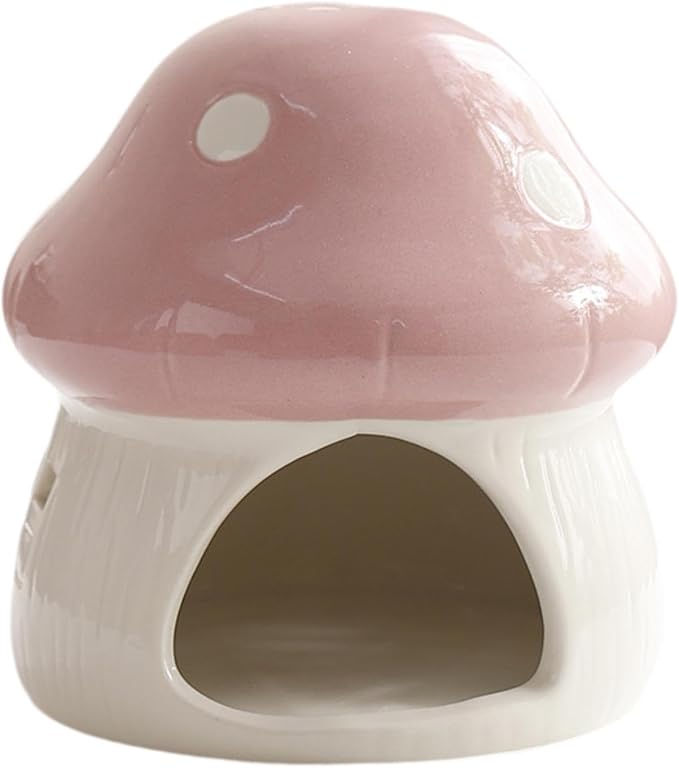 Gralara Ceramic Hamster House Habitat Mushroom Shaped Outdoor Guinea Pig Hideout Hamster Hide Bed for Small Pets Dwarf Rats, Pink