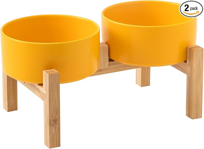 Raised Ceramic Dog Bowl Set - Elevated Dog Bowls with Non Slip Bamboo Stand, Food and Water Bowl Set for Small and Medium Breed Dogs, Pet Bowls, Weighted Dogs Dishes (6'', 2 * 30OZ, Yellow)