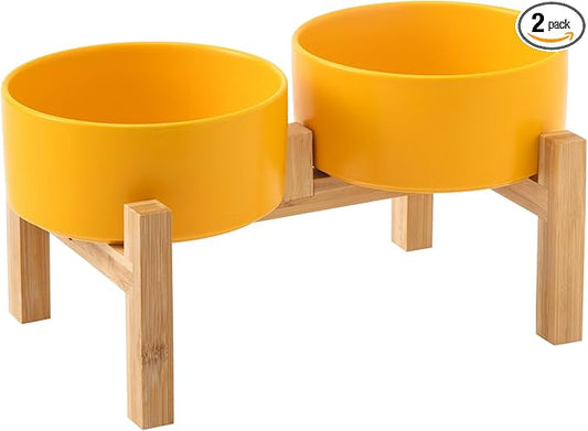 Raised Ceramic Dog Bowl Set - Elevated Dog Bowls with Non Slip Bamboo Stand, Food and Water Bowl Set for Small and Medium Breed Dogs, Pet Bowls, Weighted Dogs Dishes (6'', 2 * 30OZ, Yellow)