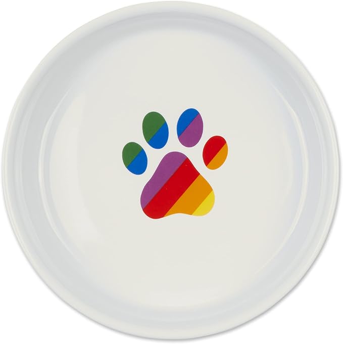 Bone Dry Ceramic Food Bowls, Non-Slip & Dishwasher Safe, Large Set, 7.5x2.4, Rainbow Paw, 2 Count