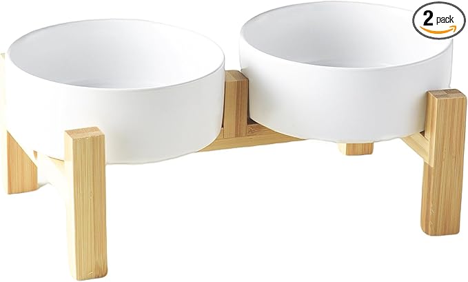 Elevated Ceramic Dog Bowl Set - Raised Dog Bowls with Non Slip Bamboo Stand, Food and Water Bowl Set for Kitty, Cats and Toy Breed Dogs, Pet Bowls, Weighted Dogs Dishes (5.1'', 2*16OZ, White)