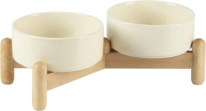 Havniva Ceramic 5.1inch Raised Double Bowls Set with Wooden Stand, Elevated Food & Water Bowls for Small Breed Dogs, Cats, Kitty, Weighted Dog Dishes, Pet Bowls(13.5oz, Light Yellow)